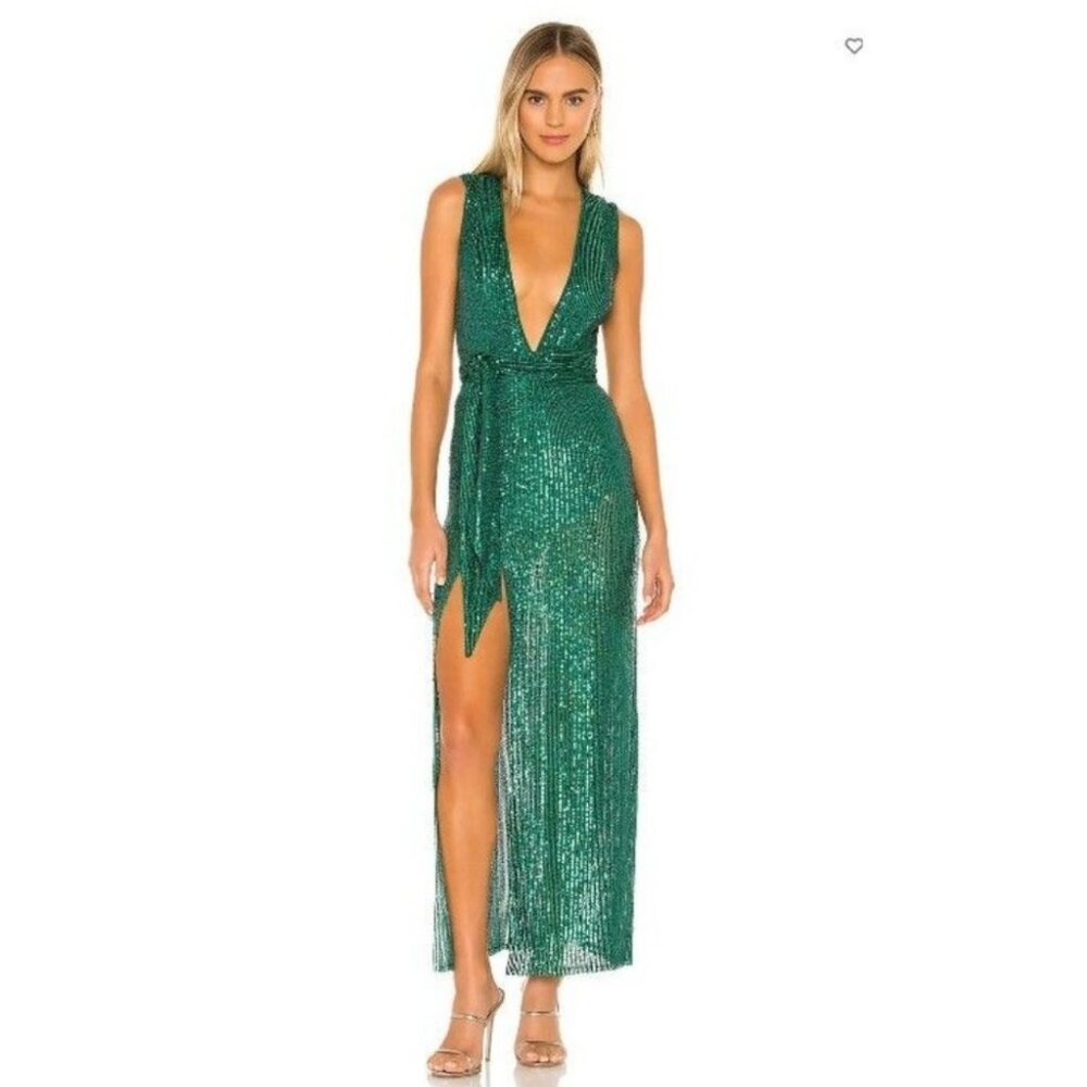 Revolve NBD Elektra Gown Party Dress Emerald Green Kelly sequins maxi sz small